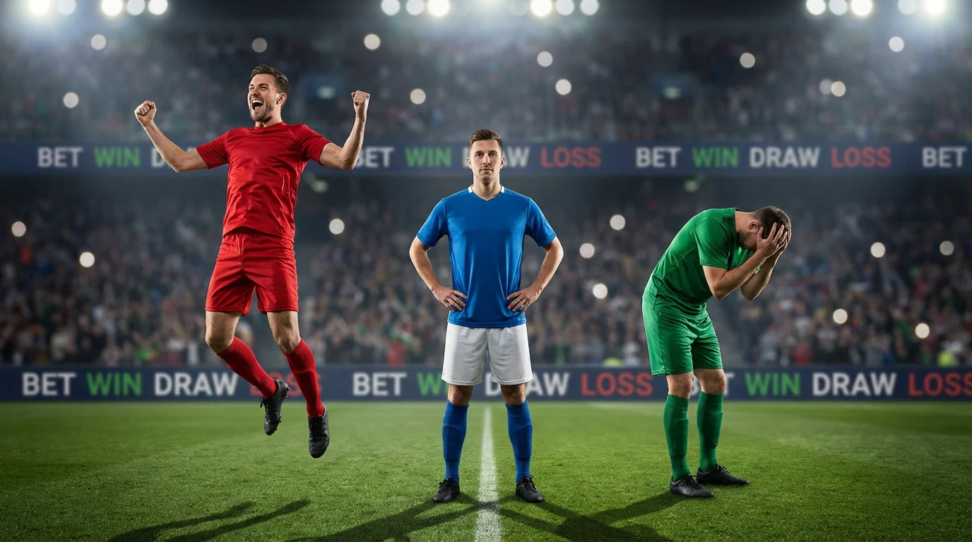 Drie voetballers in actie die de drie mogelijke uitkomsten van een wedstrijd symboliseren