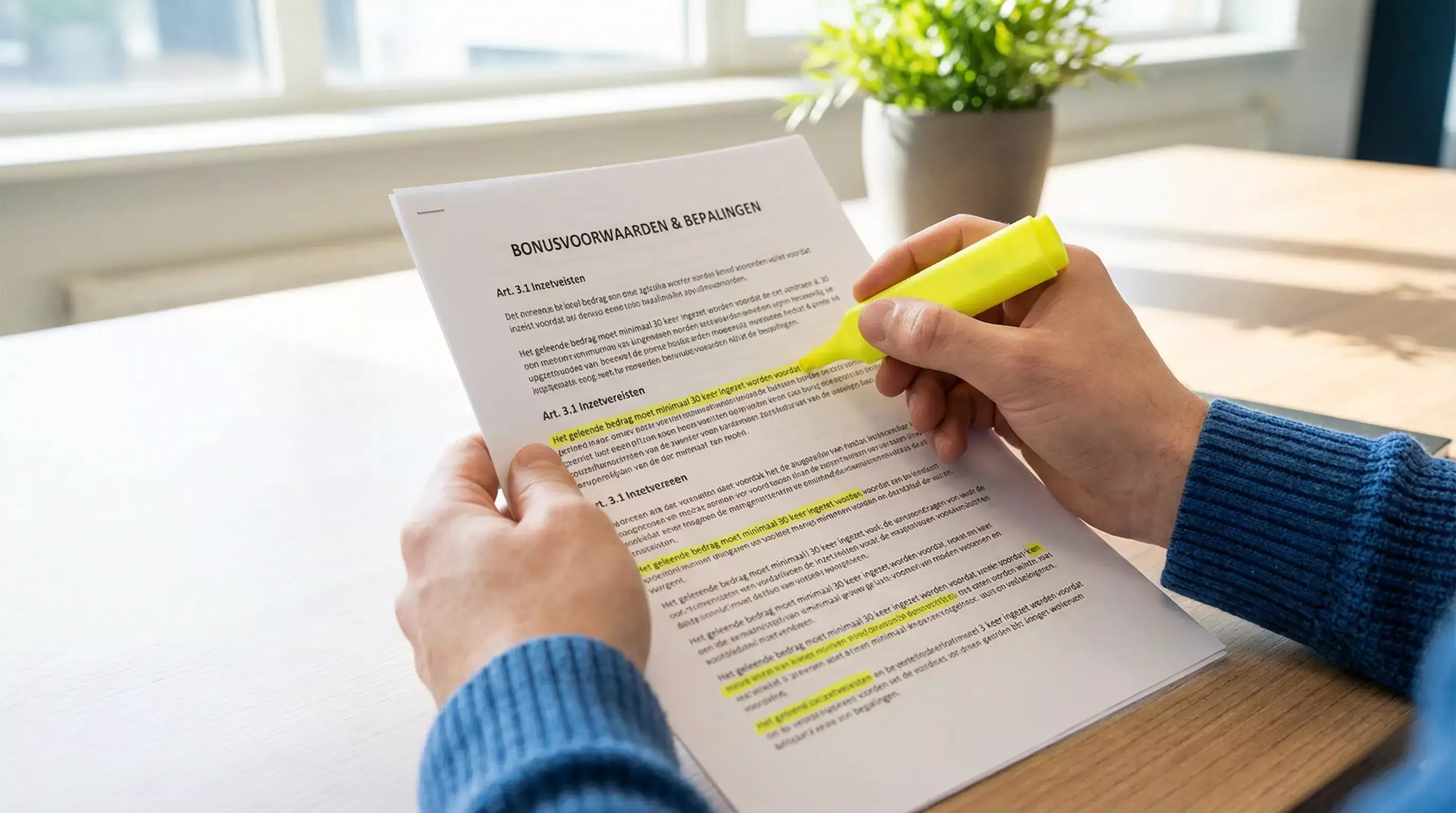 Close-up van handen die bonusvoorwaarden bestuderen met een markeerstift op papier