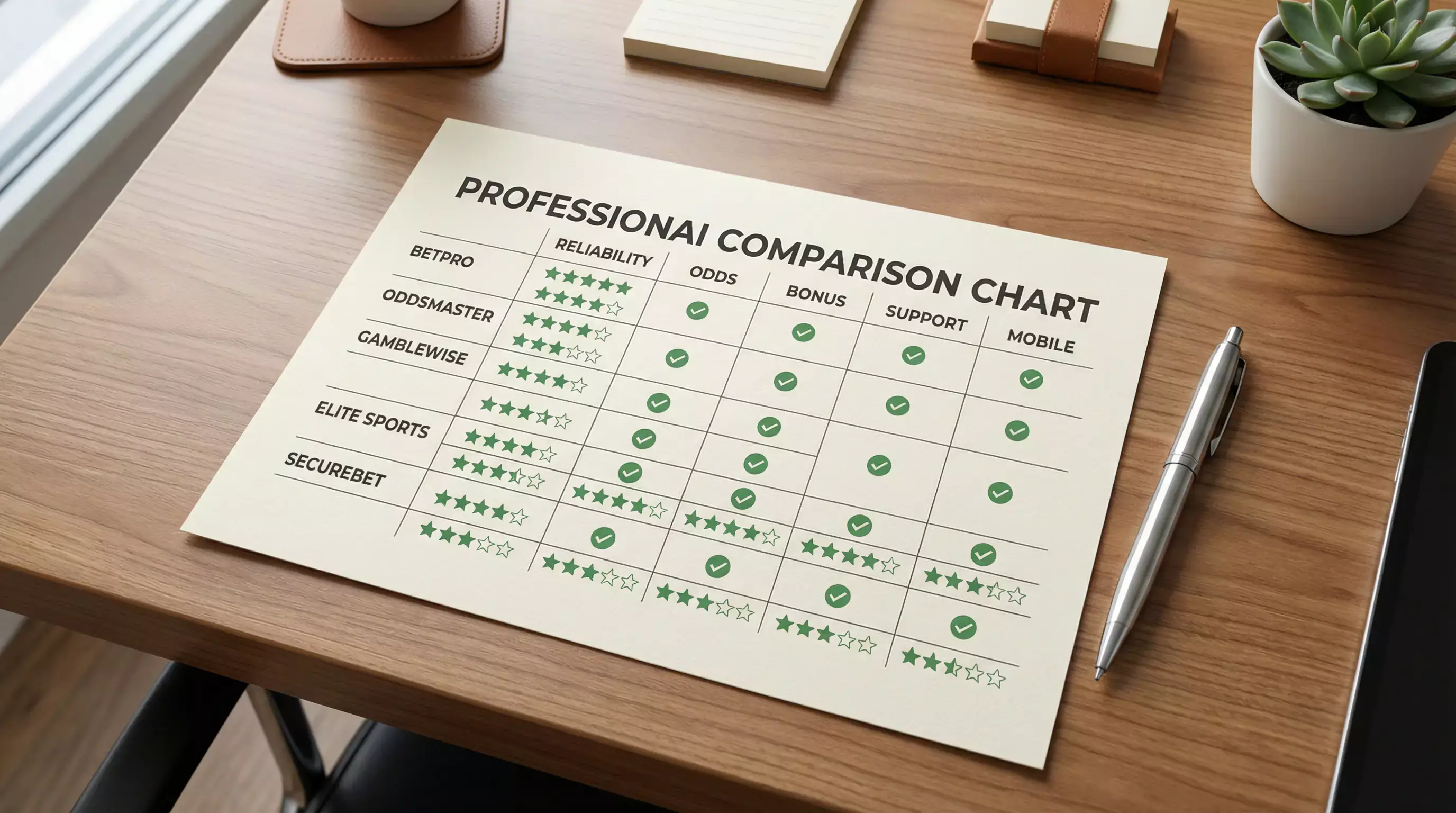 Professionele vergelijkingstabel met bookmaker logos en beoordelingssterren op een bureau