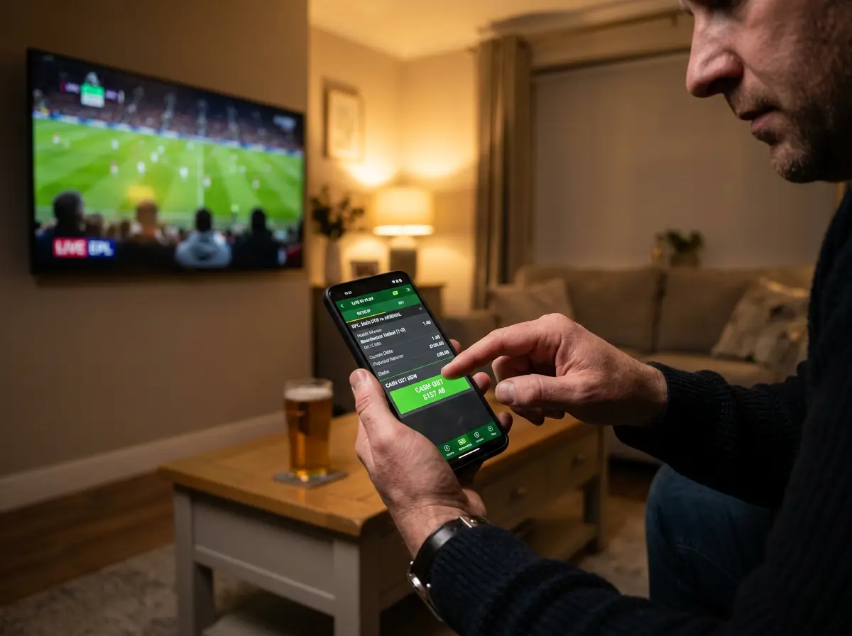Hand boven een smartphone met cash out optie zichtbaar op het scherm tijdens een wedstrijd