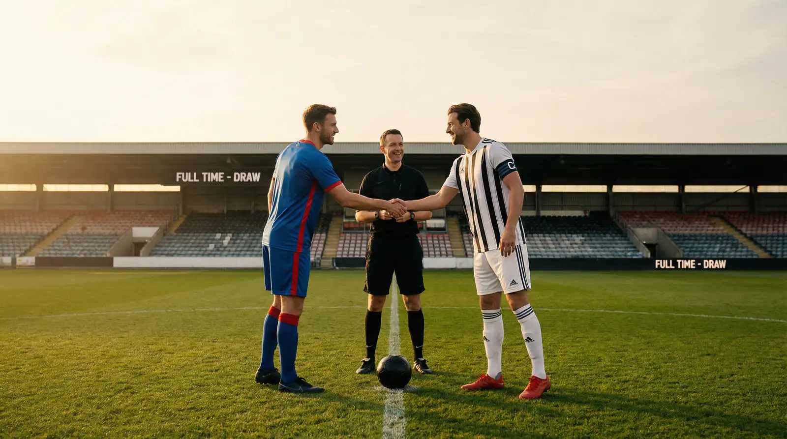Voetballer schudt handen met scheidsrechter symboliseert eerlijke weddenschap zonder gelijkspelrisico