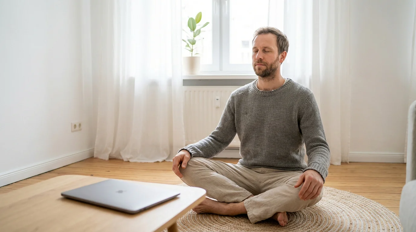 Kalme man mediteert in een rustige kamer met gesloten laptop symboliseert mentale discipline