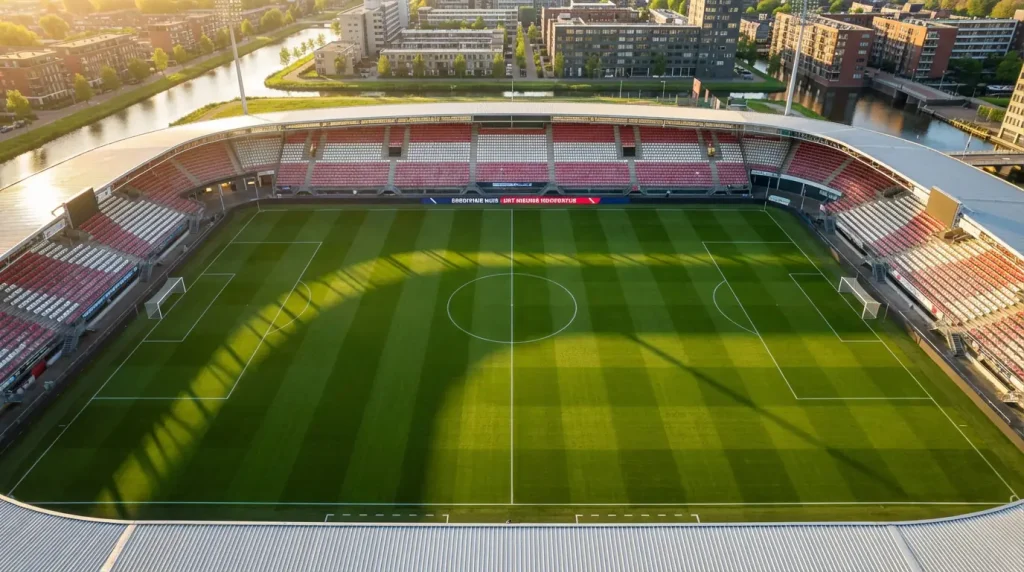 Voetbalveld met de middencirkel en lijn markeringen klaar voor een nieuw Eredivisie seizoen