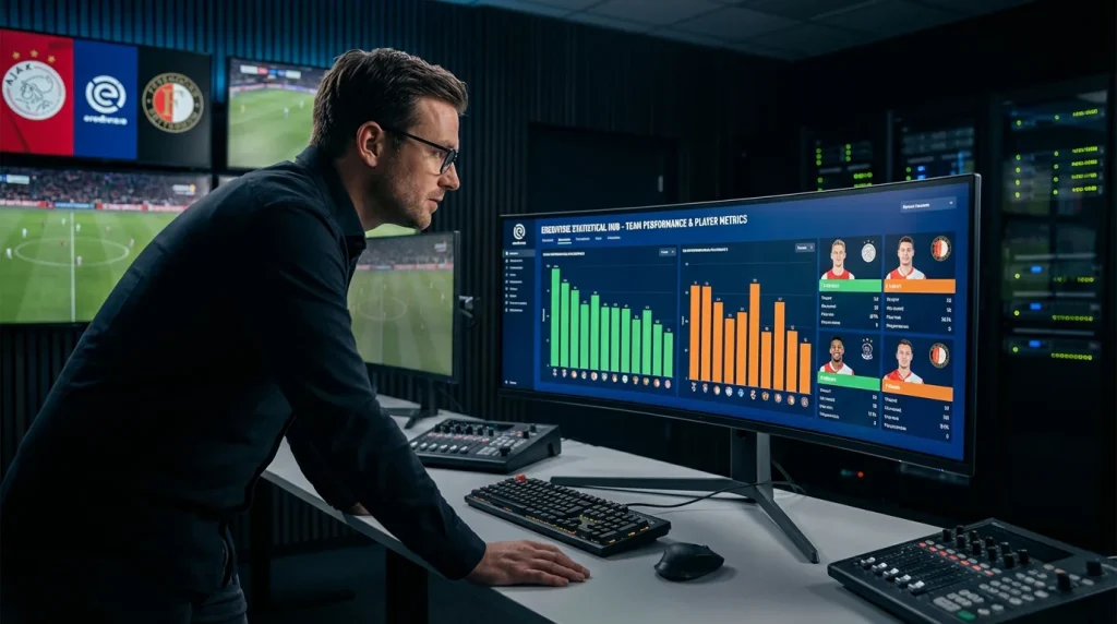 Voetbalanalist bestudeert wedstrijdstatistieken op een groot scherm met Eredivisie data