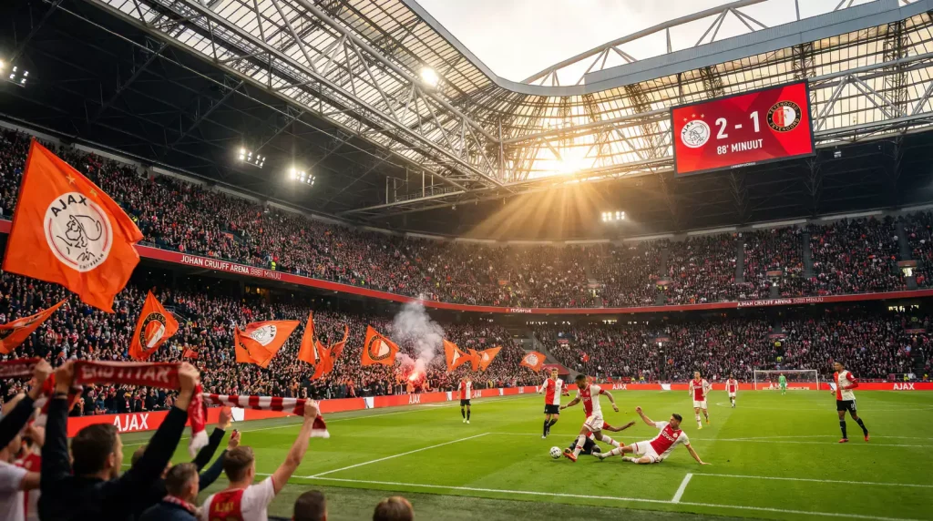Voetbalstadion met sfeervolle verlichting en fans tijdens een Eredivisie wedstrijd
