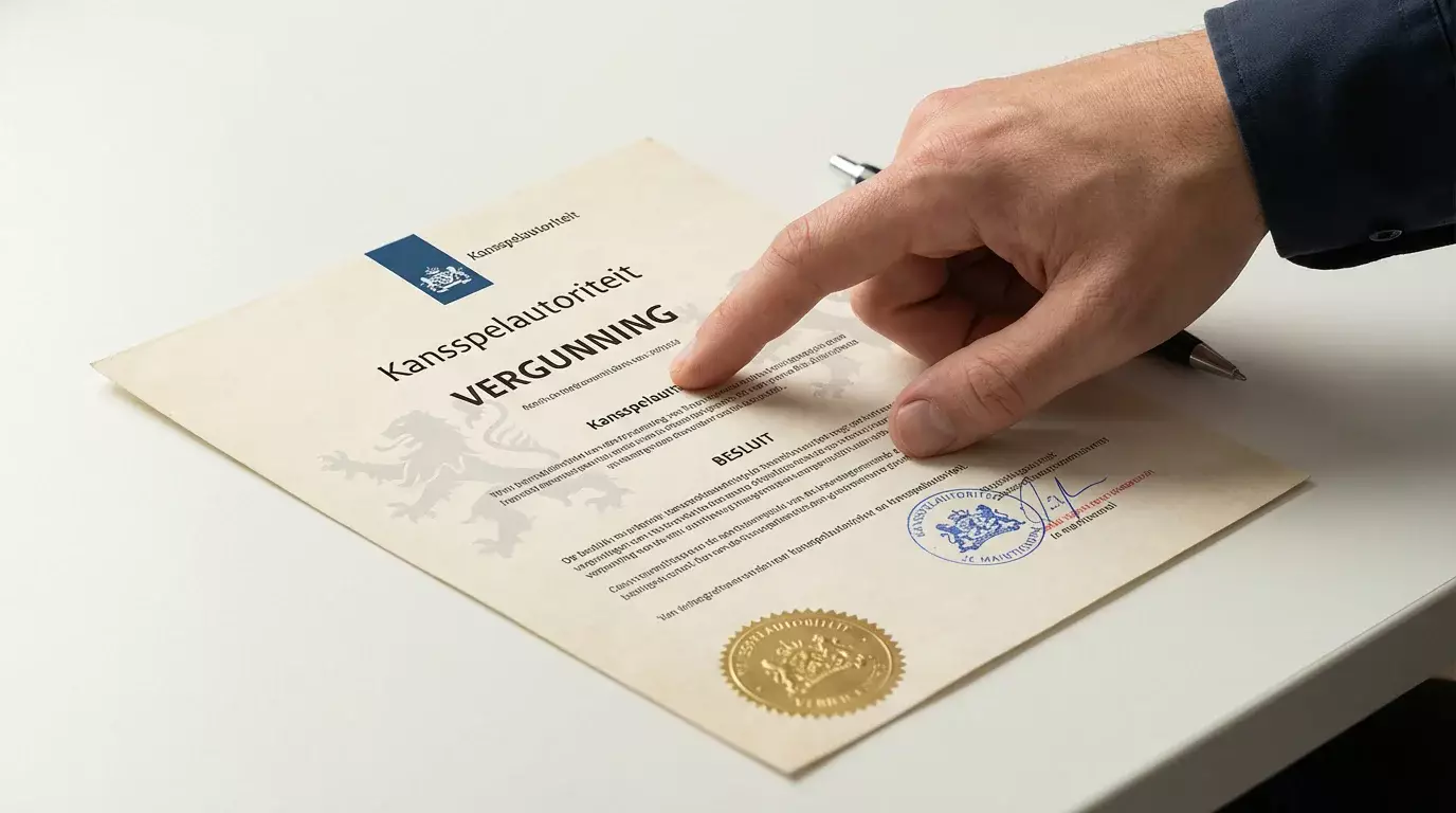 Hand wijst naar een officieel KSA-vergunningcertificaat met Nederlands veiligheidslogo