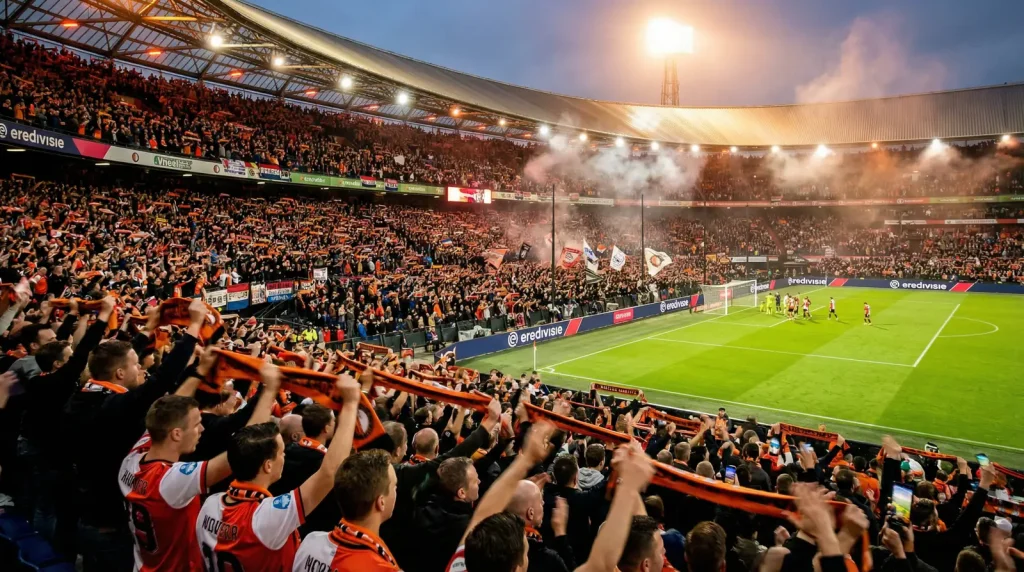 Opgewonden voetbalfans in een stadion tijdens een spannende Eredivisie wedstrijd onder de stadionlichten