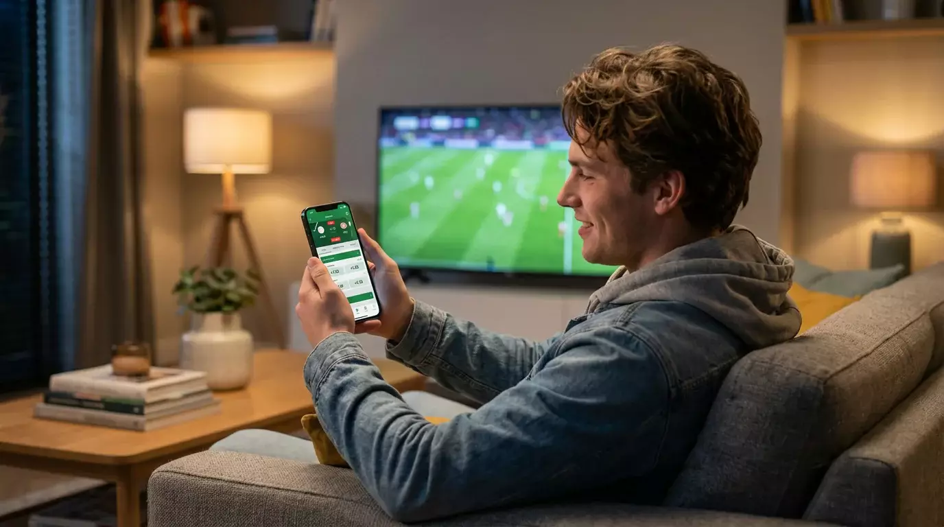 Smartphone in hand met bookmaker app open tijdens het kijken naar een voetbalwedstrijd op tv