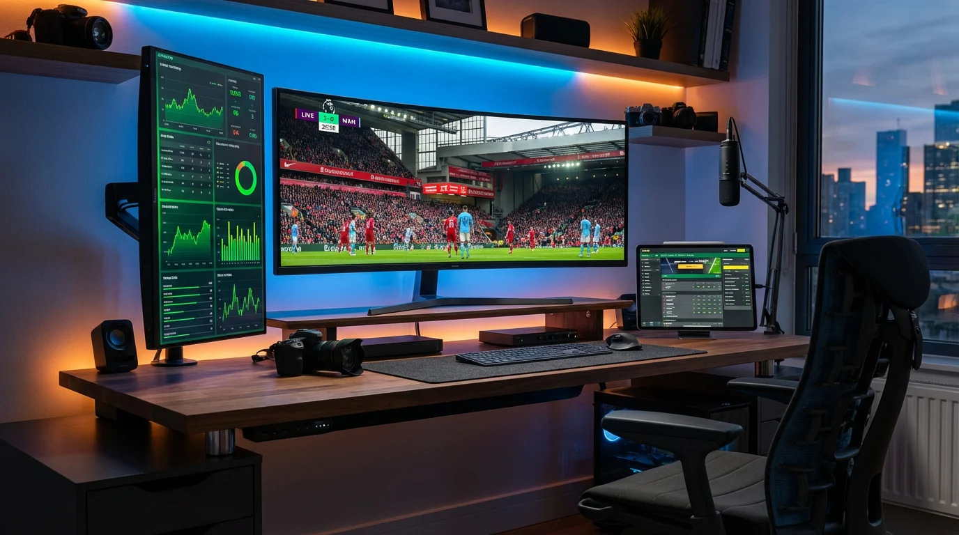 Professionele thuiswerkplek met meerdere monitoren die voetbalwedstrijden en statistieken tonen