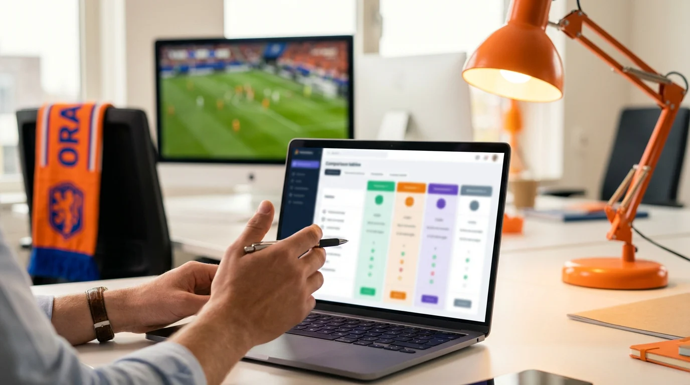 Persoon vergelijkt quoteringen van verschillende bookmakers op laptop