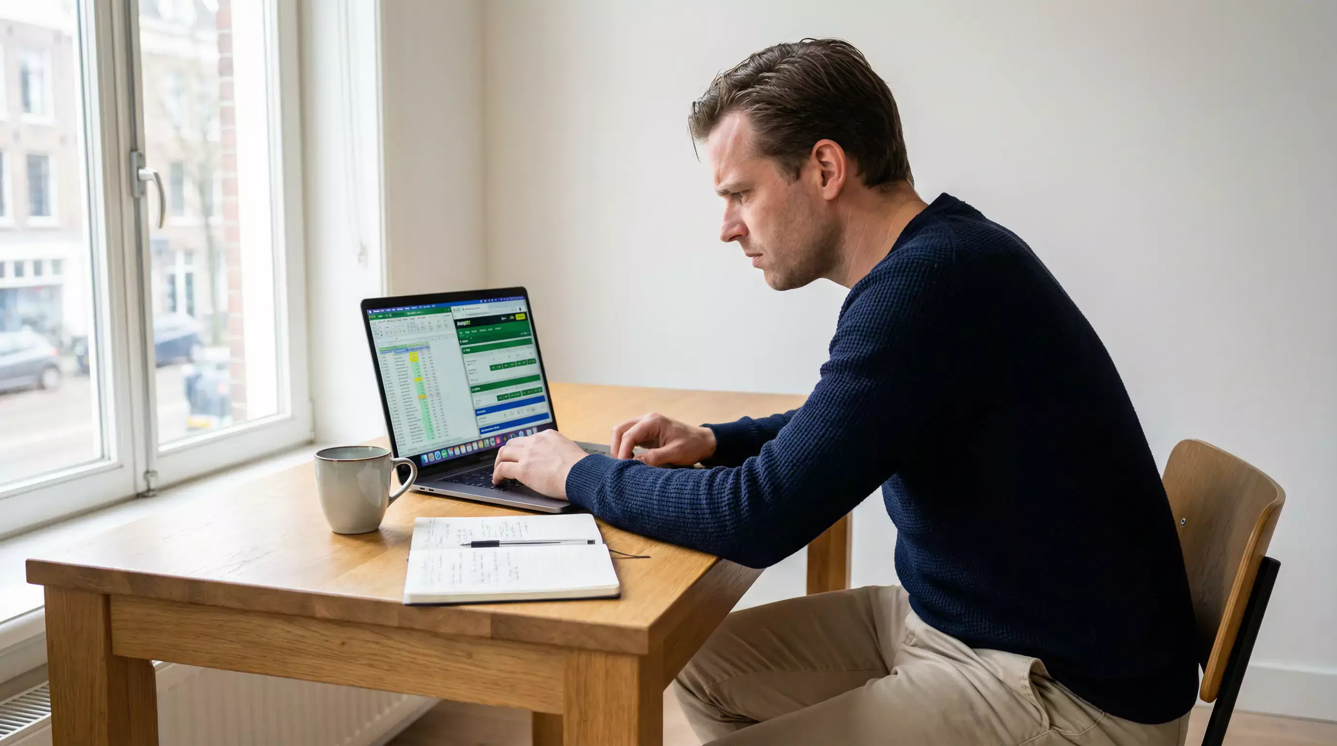 Man analyseert quoteringen op een laptop met meerdere bookmaker websites open