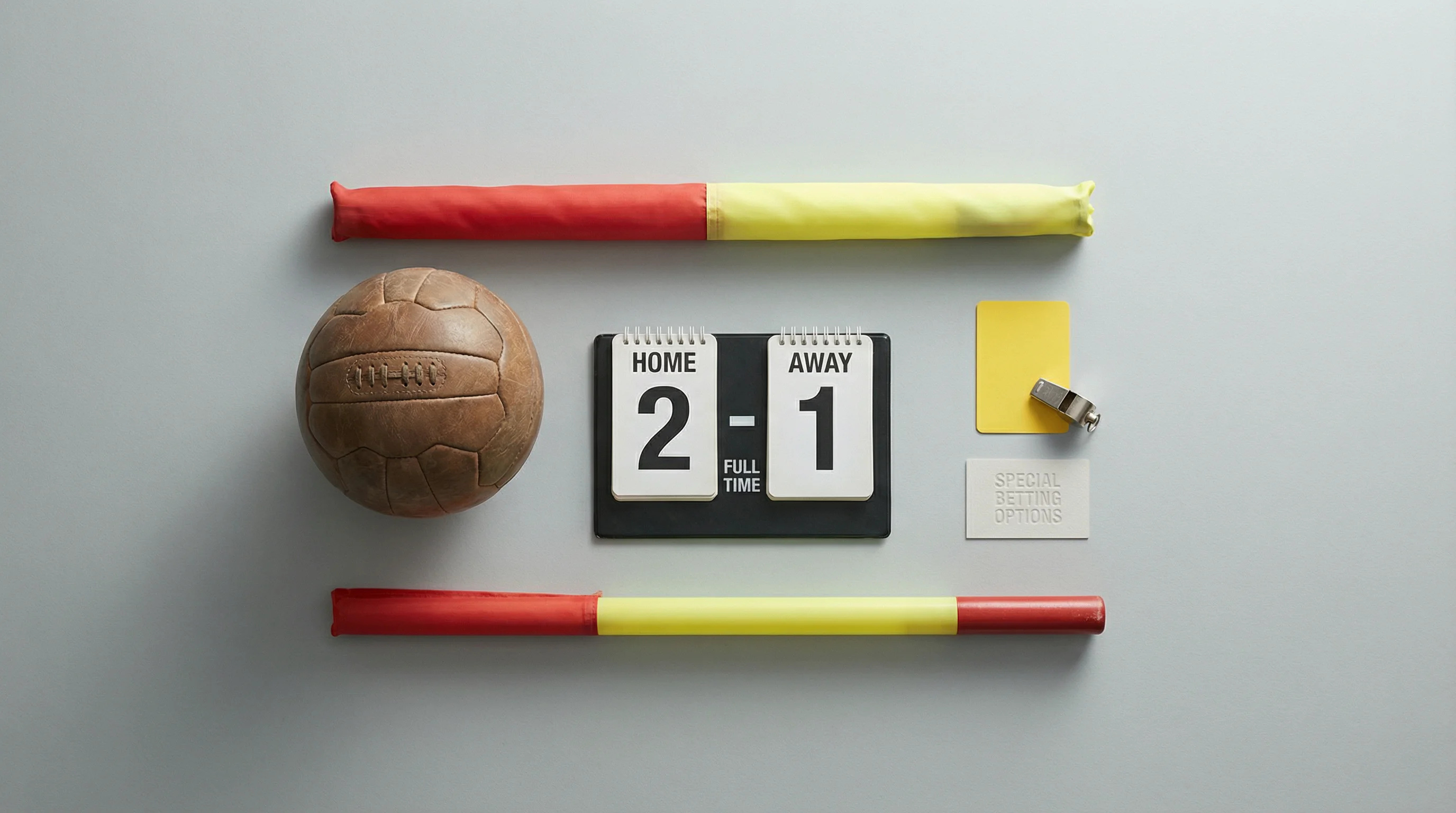 Diverse voetbalelementen zoals corner vlag scheidsrechterskaart en scorebord die speciale wedopties tonen