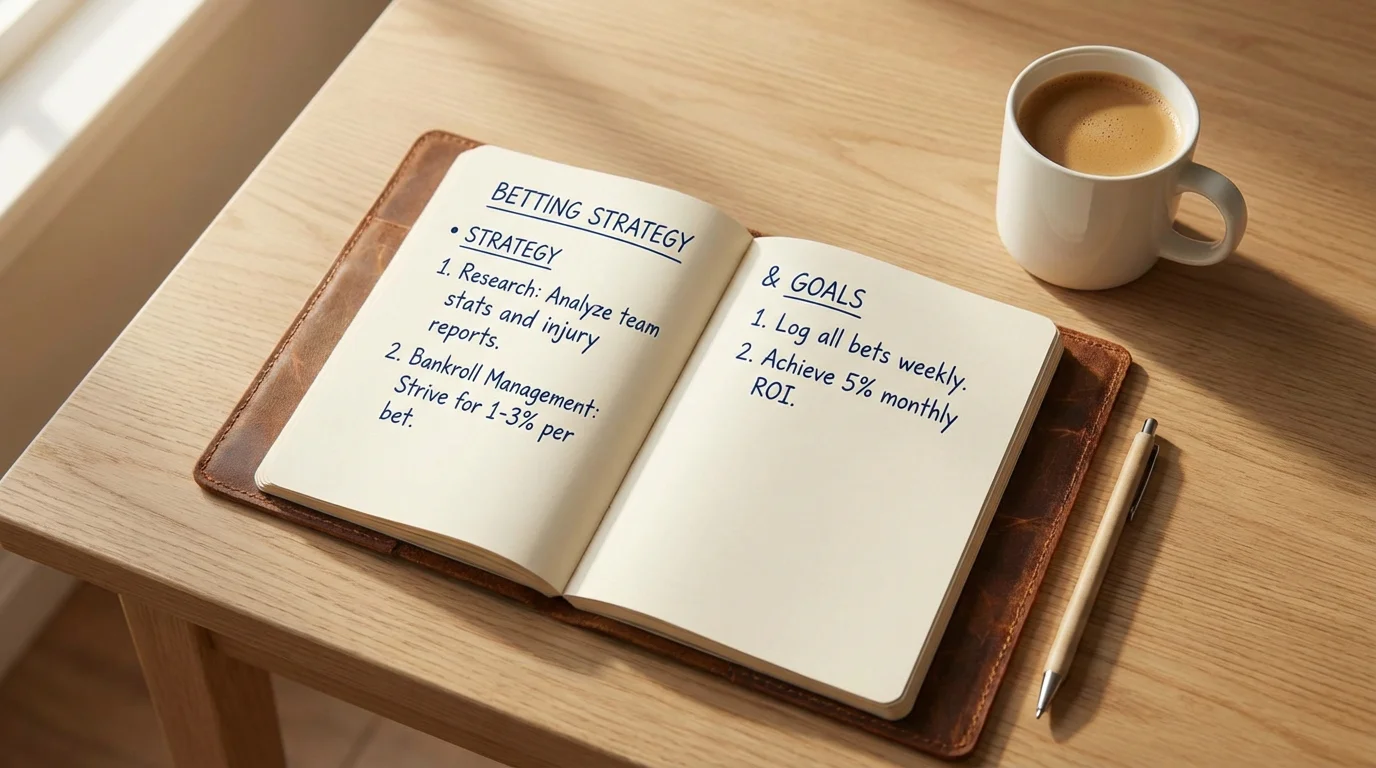 Notitieboek met geschreven wedstrategie en doelen naast een kop koffie op een bureau