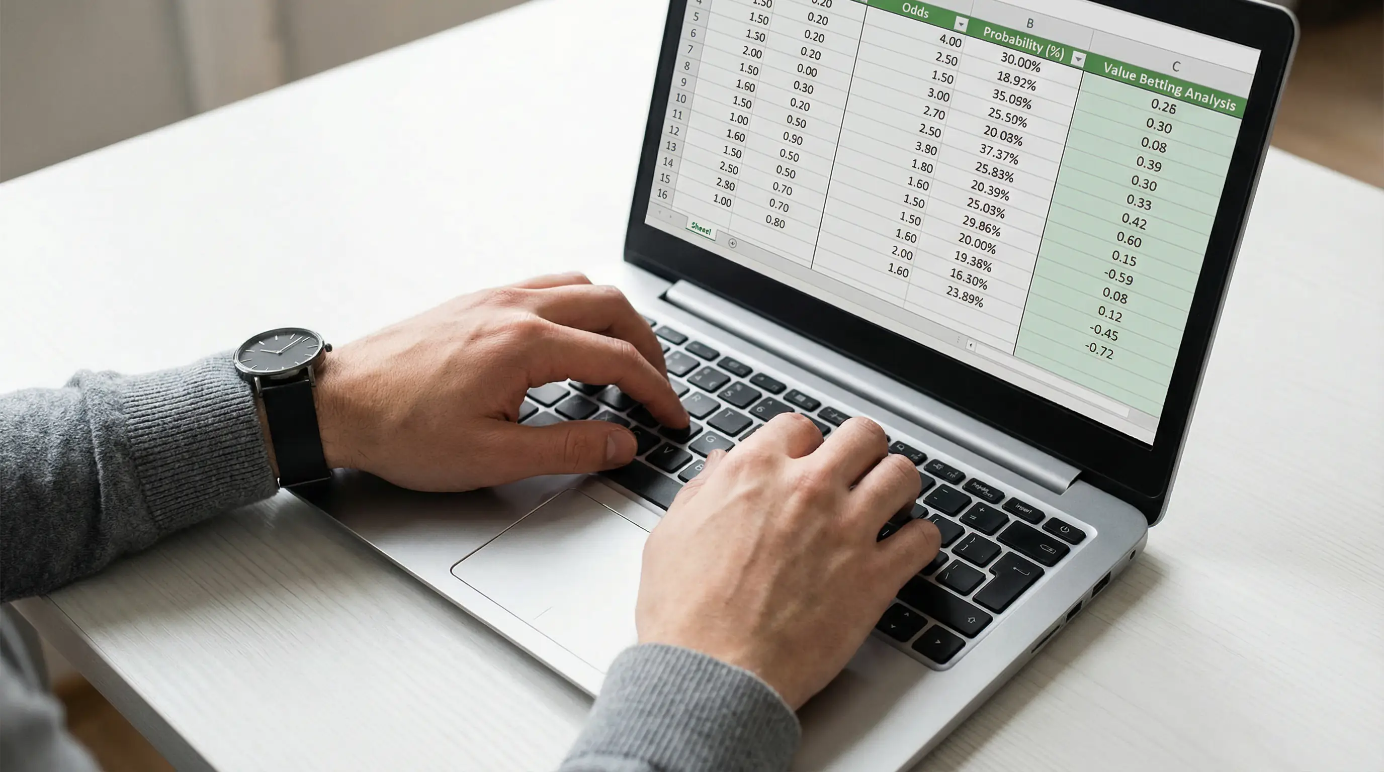 Handen typen op een laptop met spreadsheet van odds-berekeningen en waarschijnlijkheden