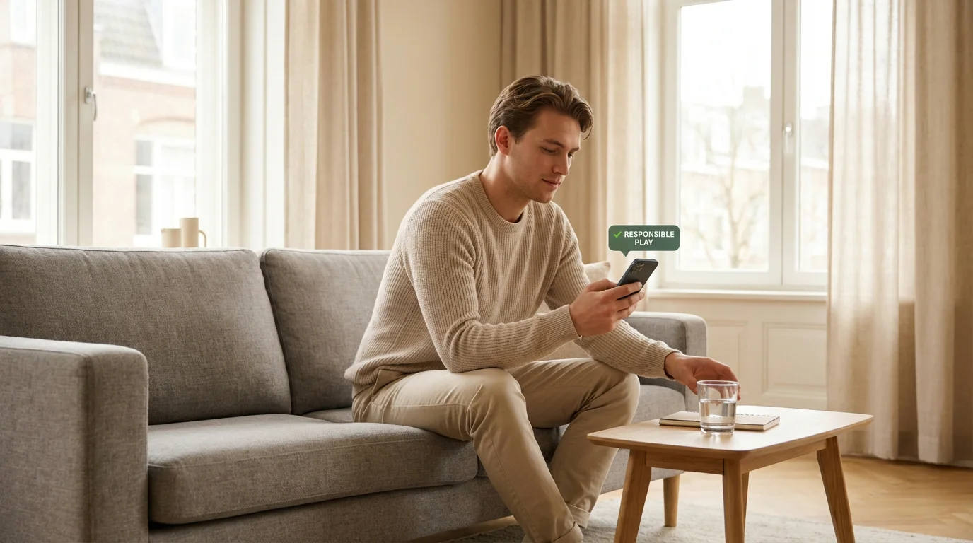 Persoon stelt limieten in op een bookmaker app met kalme, gecontroleerde houding