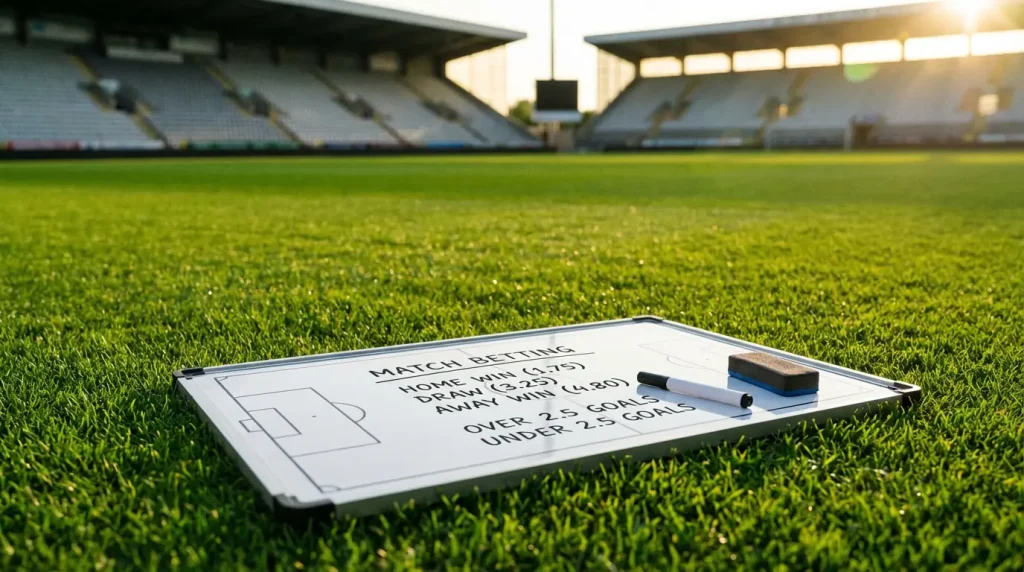 Voetbalveld met tactisch bord en verschillende wedopties symbolisch weergegeven