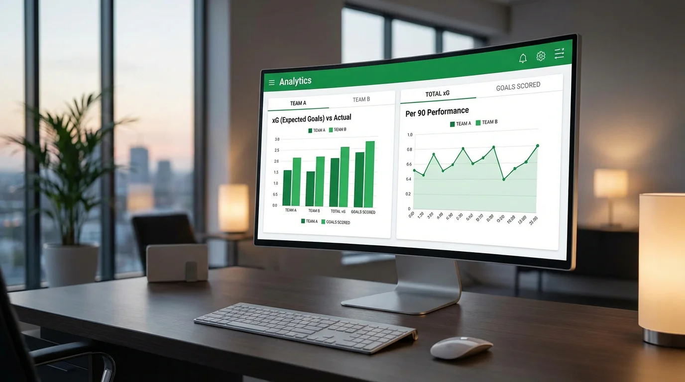 Moderne monitor toont xG-statistieken en voetbaldata met grafieken in een professionele setting